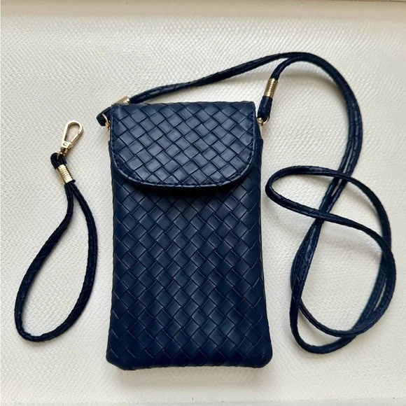 Navy Woven Vegan Leather Crossbody or Wristlet Bag (2 Straps) - Picture 10 of 11